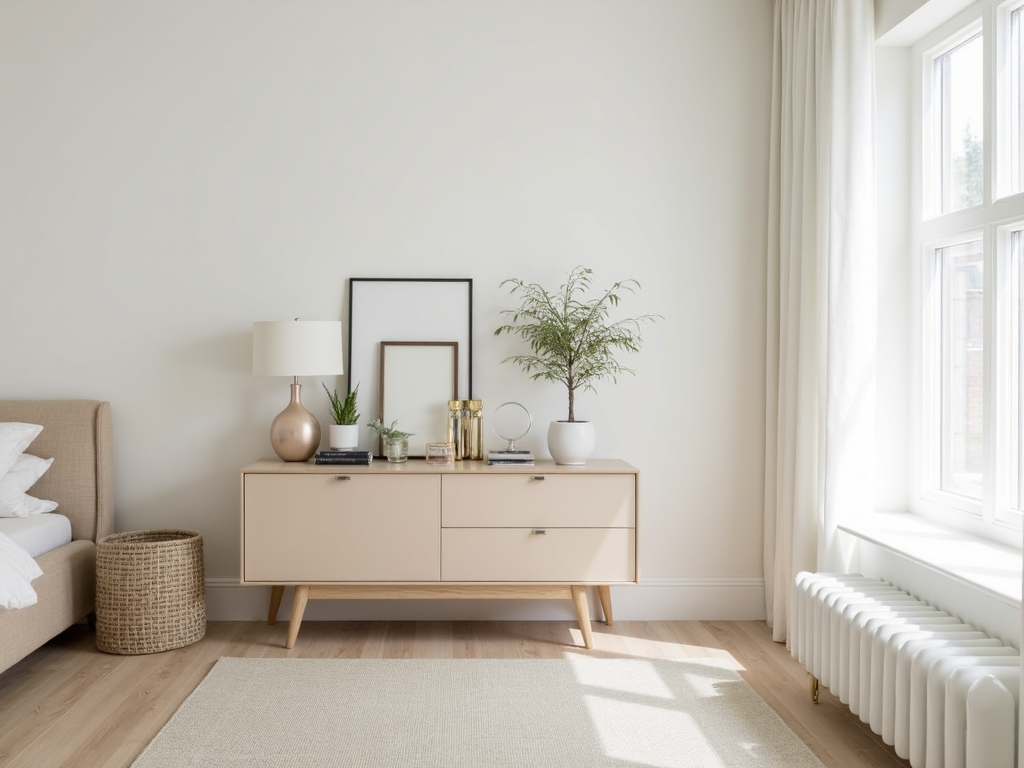 A calm and clutter-free bedroom with a sideboard used for storage and display.