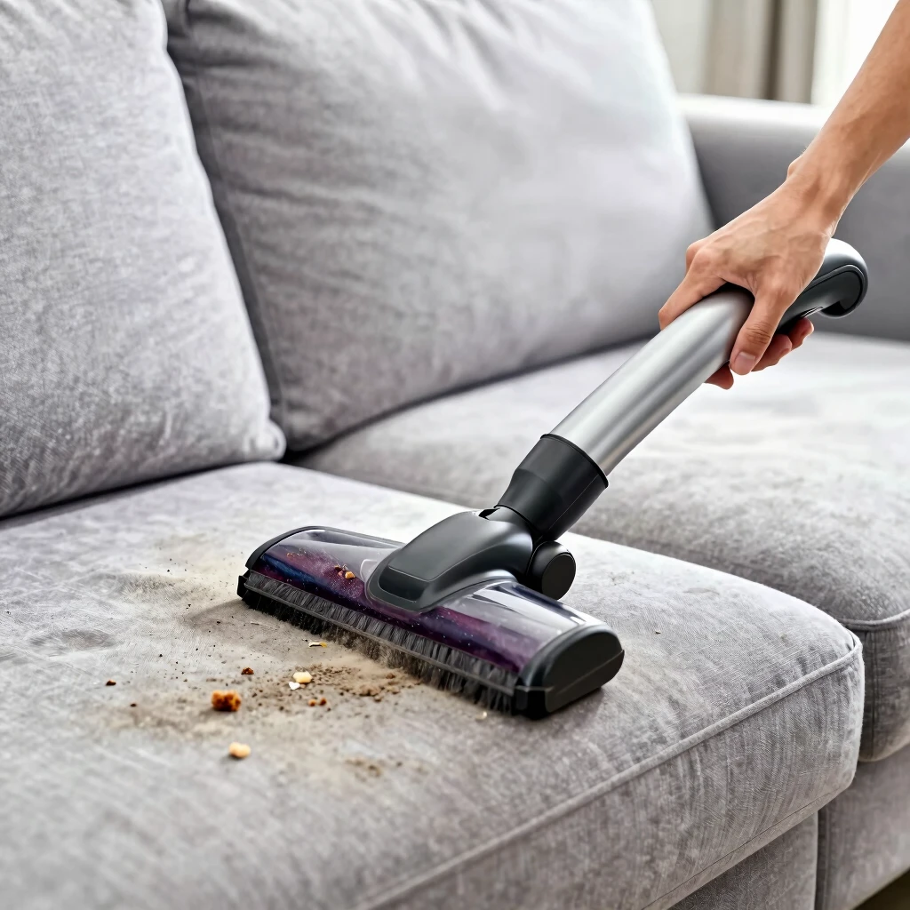Person vacuuming upholstered sofa with a handheld vacuum cleaner