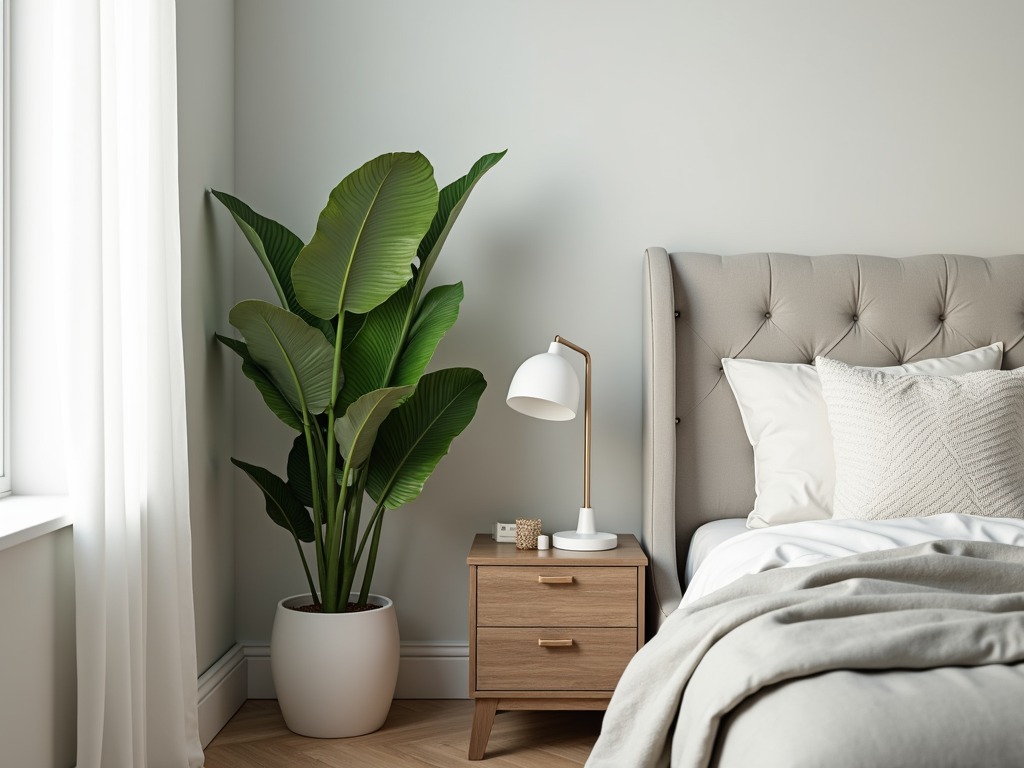 Bedroom corner with a snake plant adding a fresh touch