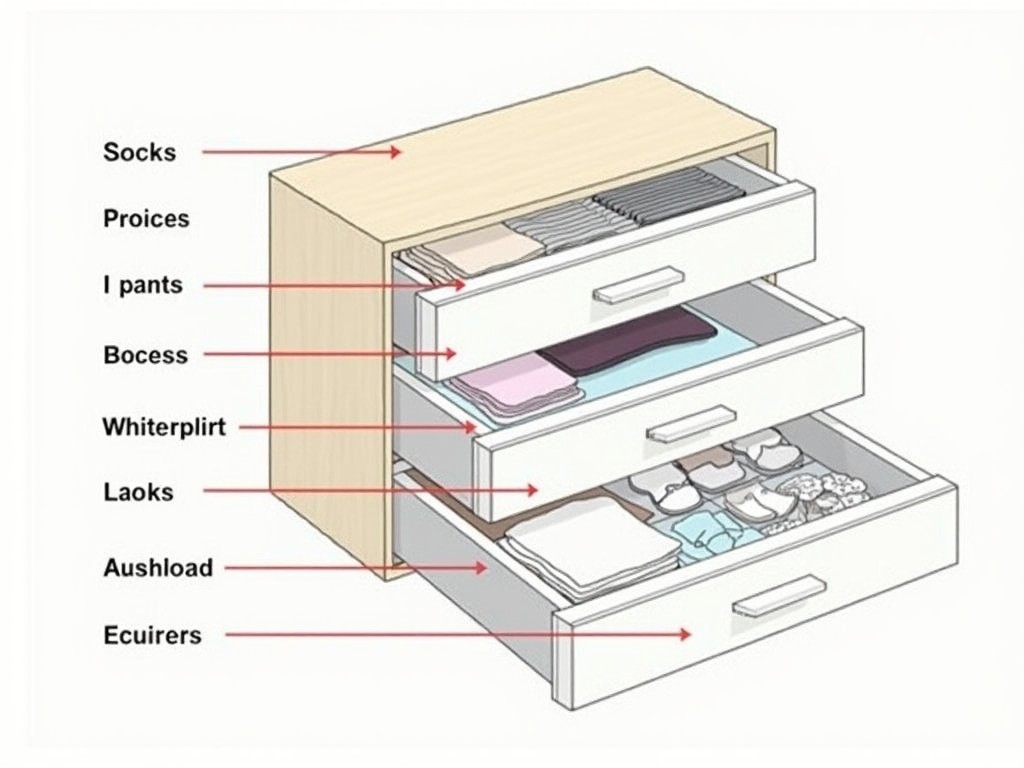 Diagram showing how to sort items in dresser drawers.