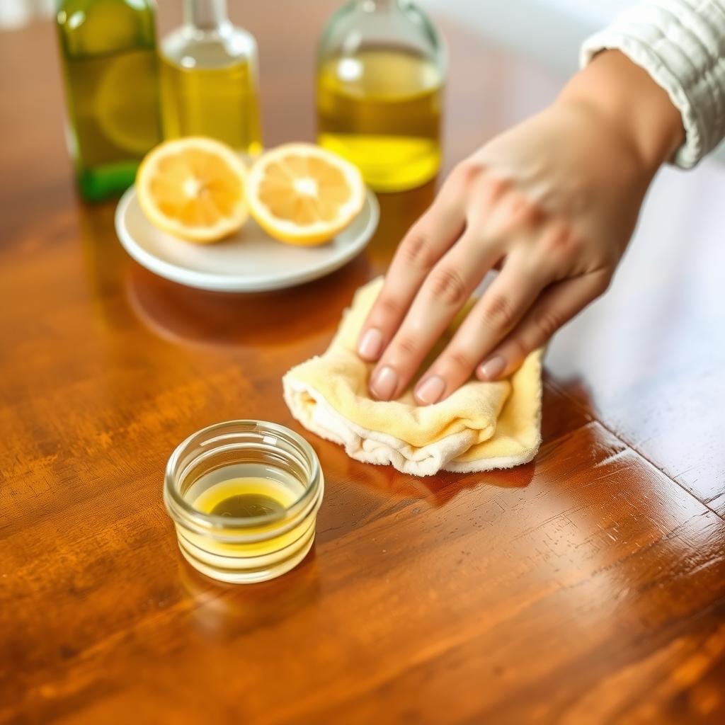 Hands polishing a wooden table with olive oil and lemon juice mixture, with a jar of homemade polish and ingredients in the background.
