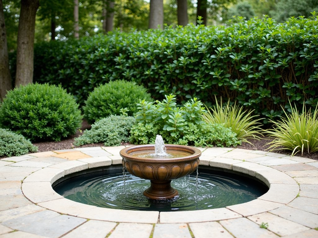 A patio with a water feature and lush greenery.