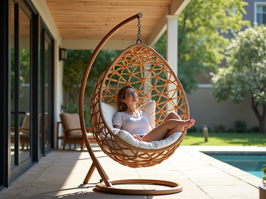 A stylish and comfortable hanging egg chair, adding a unique touch to the patio.