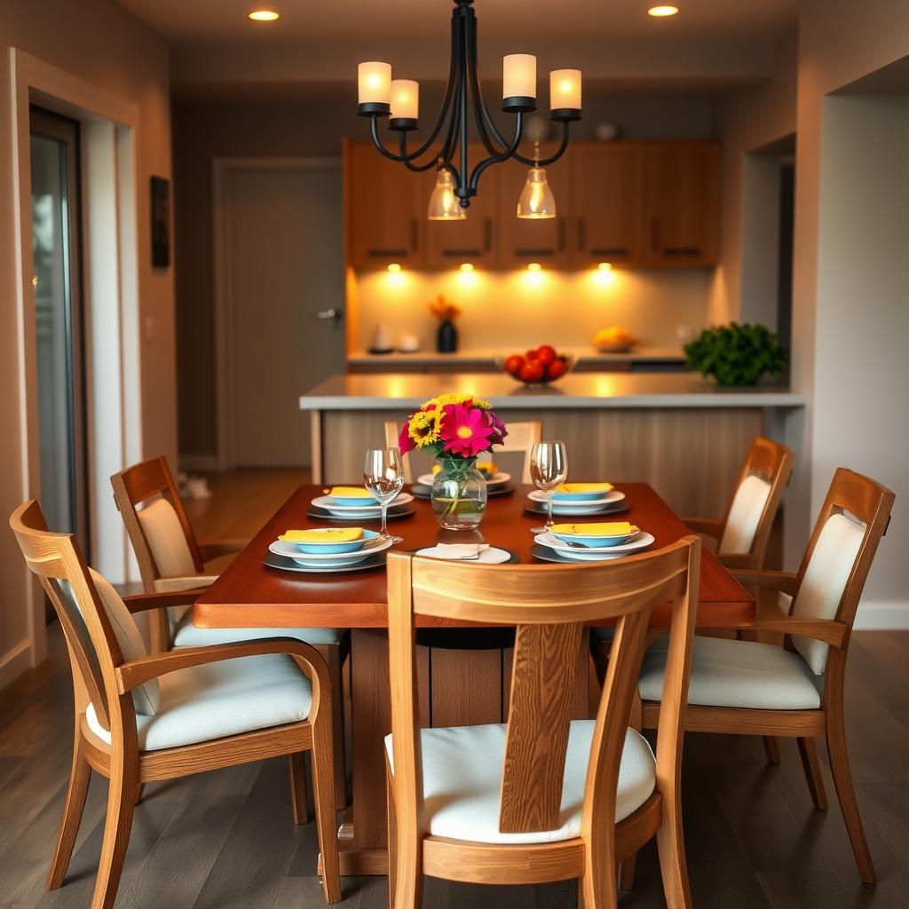 Cozy dining room with a wooden dining set, colorful tableware, and fresh flowers under warm chandelier lighting.