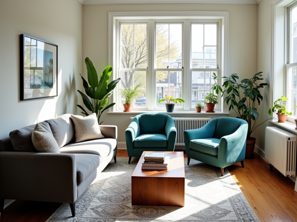 A cozy living room with a sofa, coffee table, and accent chairs.