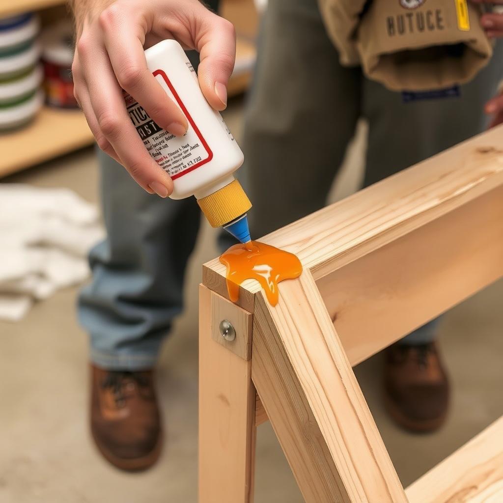Applying wood glue to a loose joint on a futon frame.