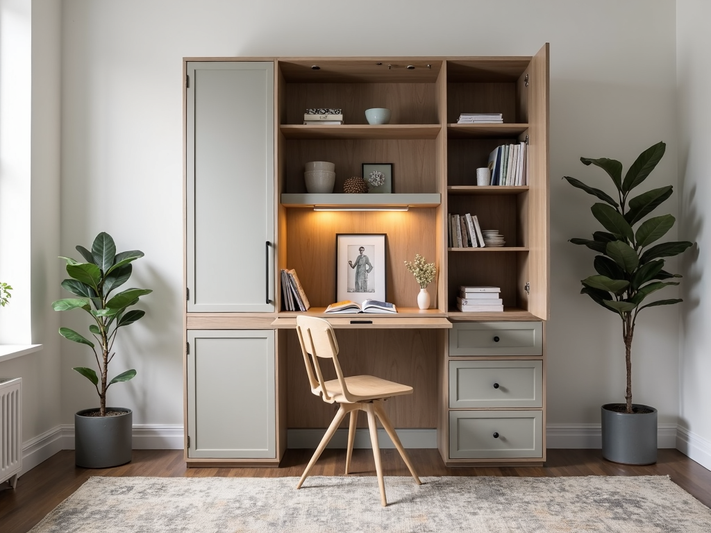 A multifunctional armoire doubling as a workspace with a desk pullout.