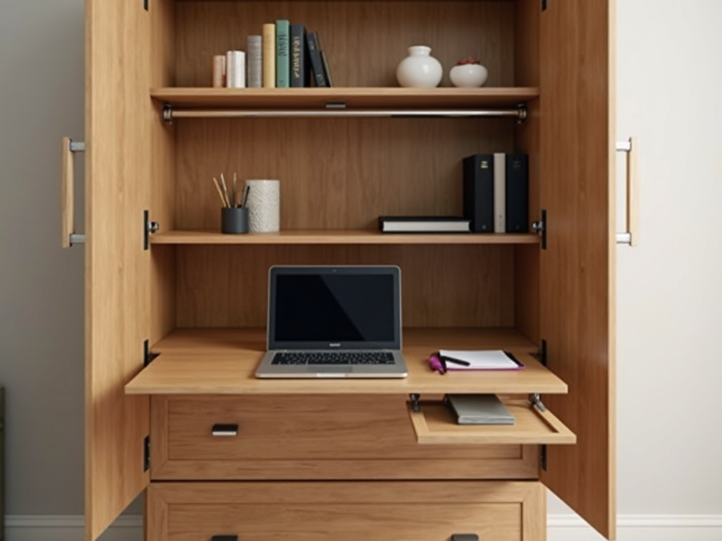 Multi-functional armoire with built-in desk for small apartments.