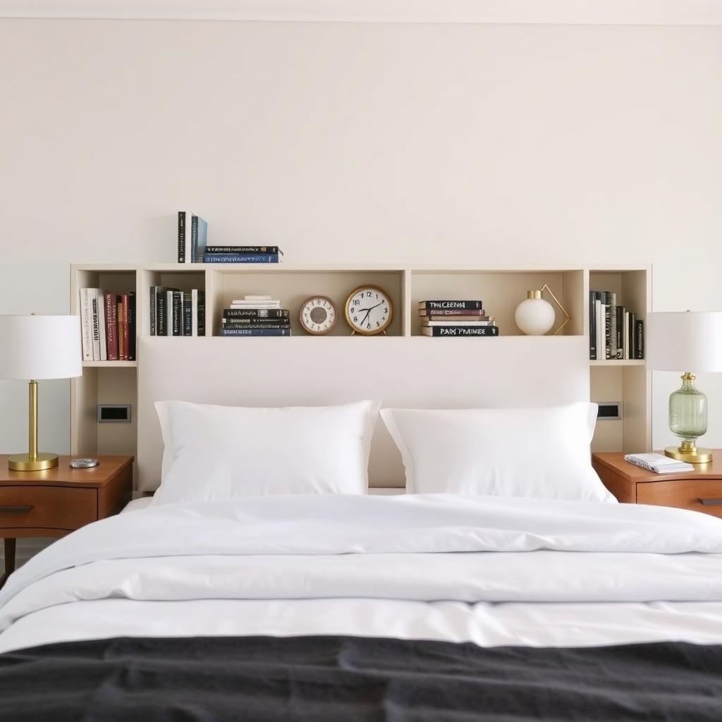 Bed with headboard storage in a small bedroom.