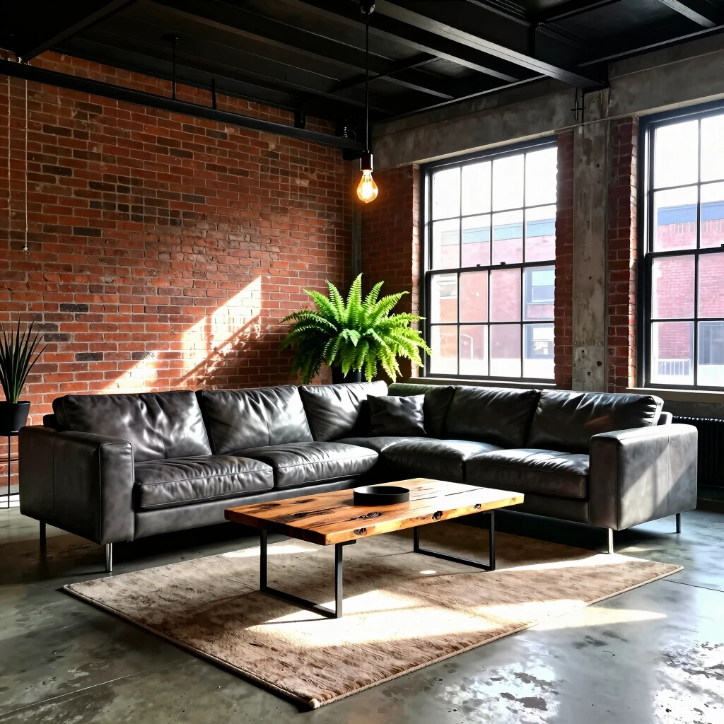 Cozy industrial living room with exposed brick and metal accents