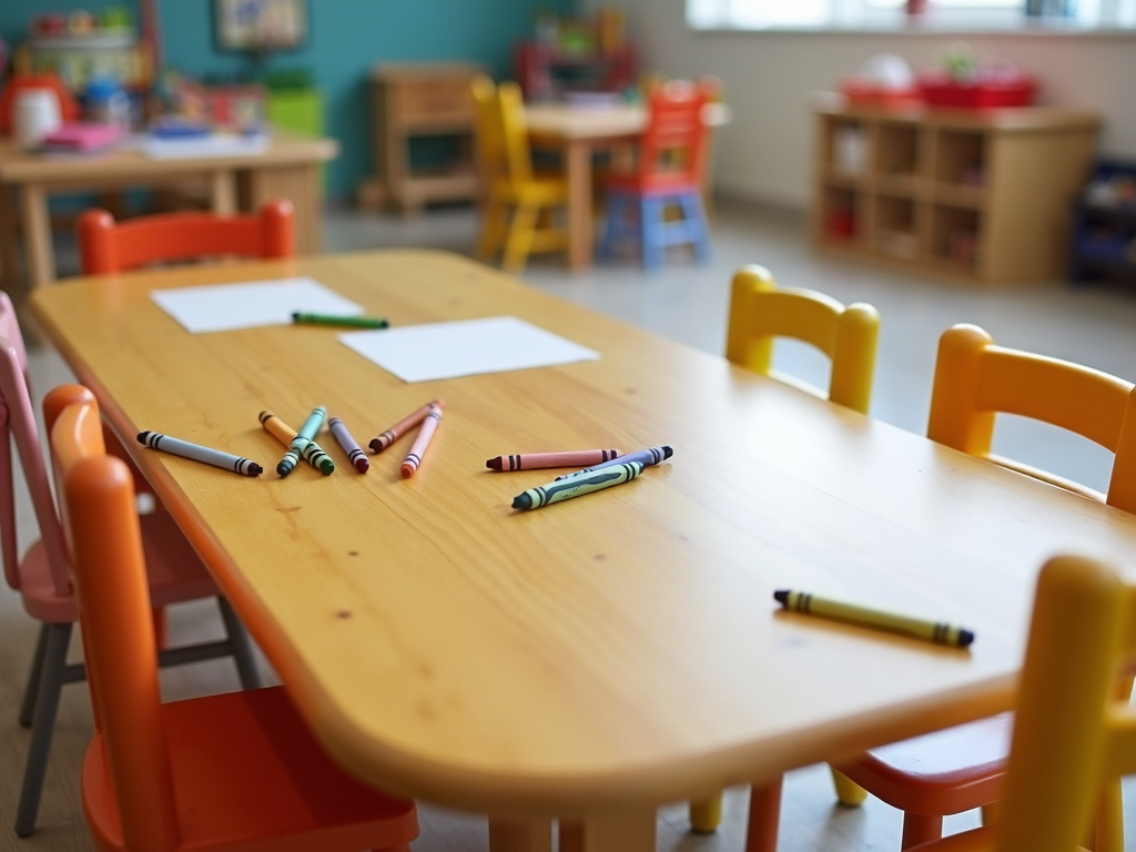 A safe kids’ table and chairs in a playful room.