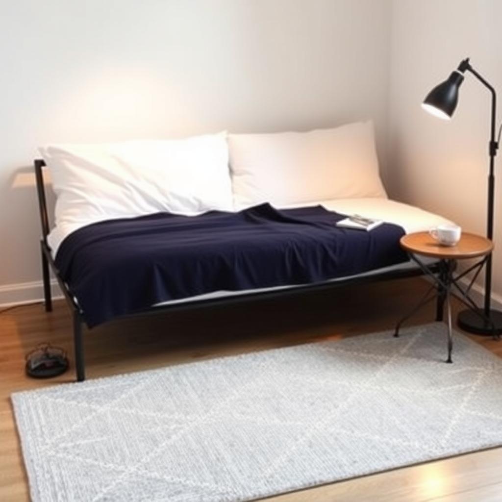 Modern studio with a metal futon styled as a bed with white bedding, navy throw, gray rug, and a side table with coffee.