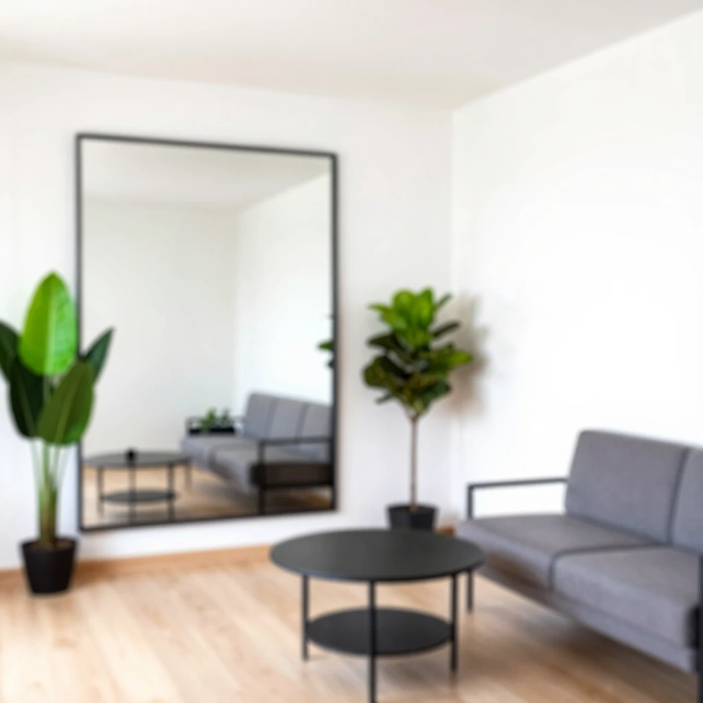 Small living room using mirror and plants to enhance space