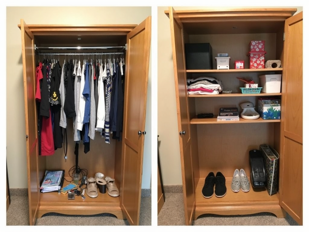 Before and after images of an armoire organization process.