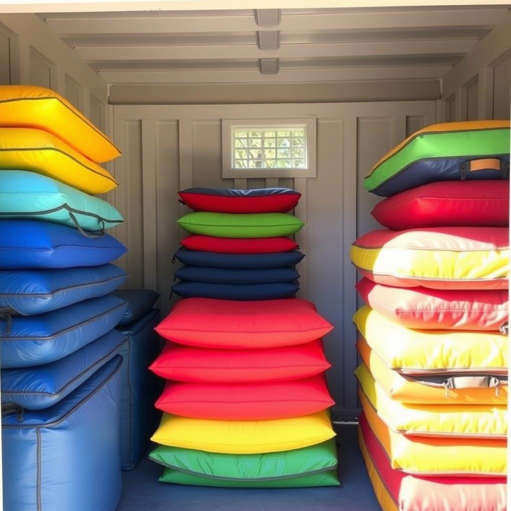 Outdoor cushions stored neatly in waterproof bags inside a well-lit shed, with sunlight streaming through a window.