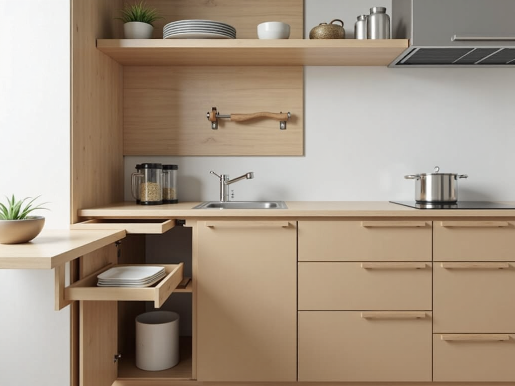 Kitchen cabinet with pull-out shelves and fold-down table.