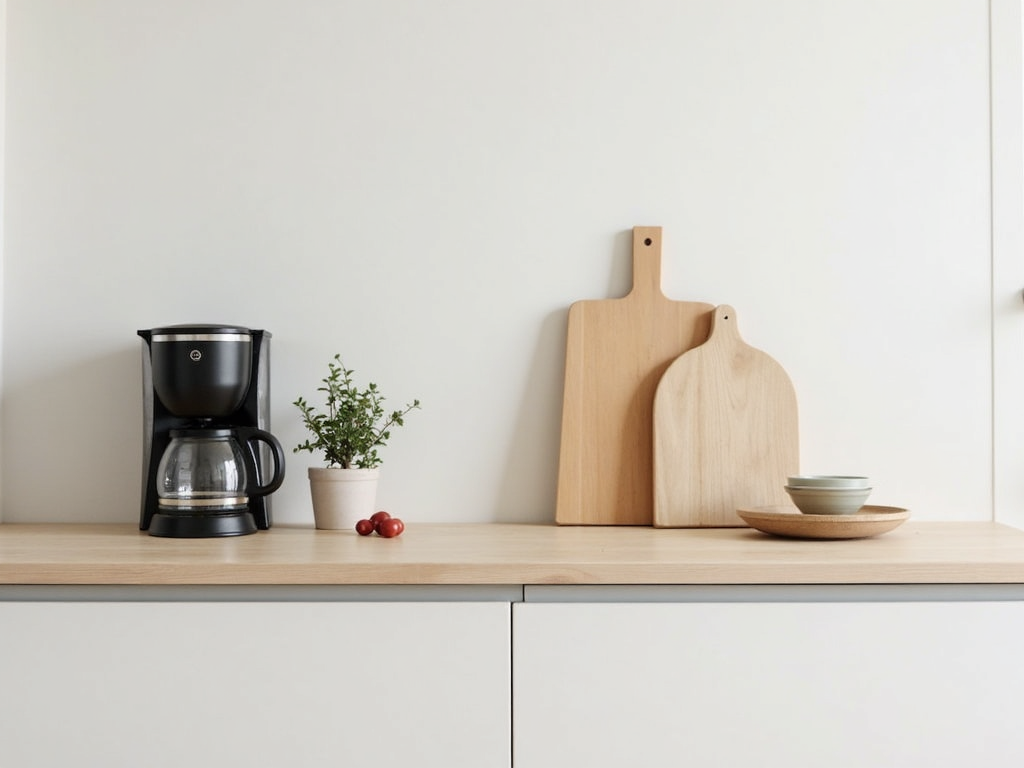 Minimalist kitchen countertop with essential items only.