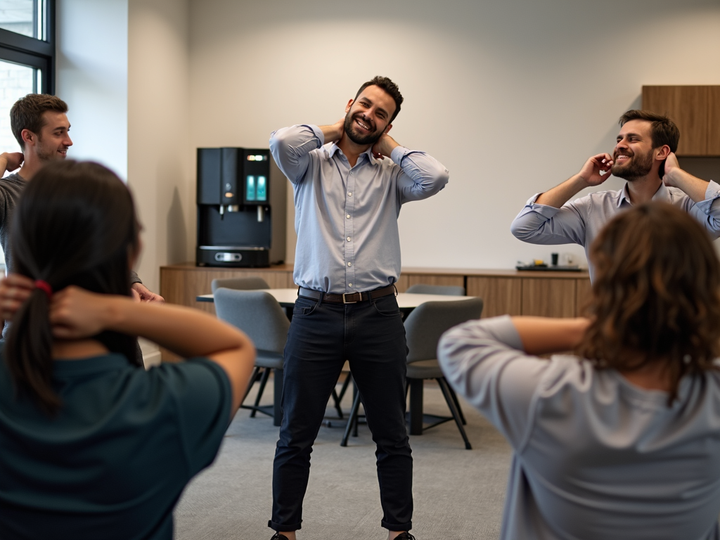 Office workers stretching together in break room