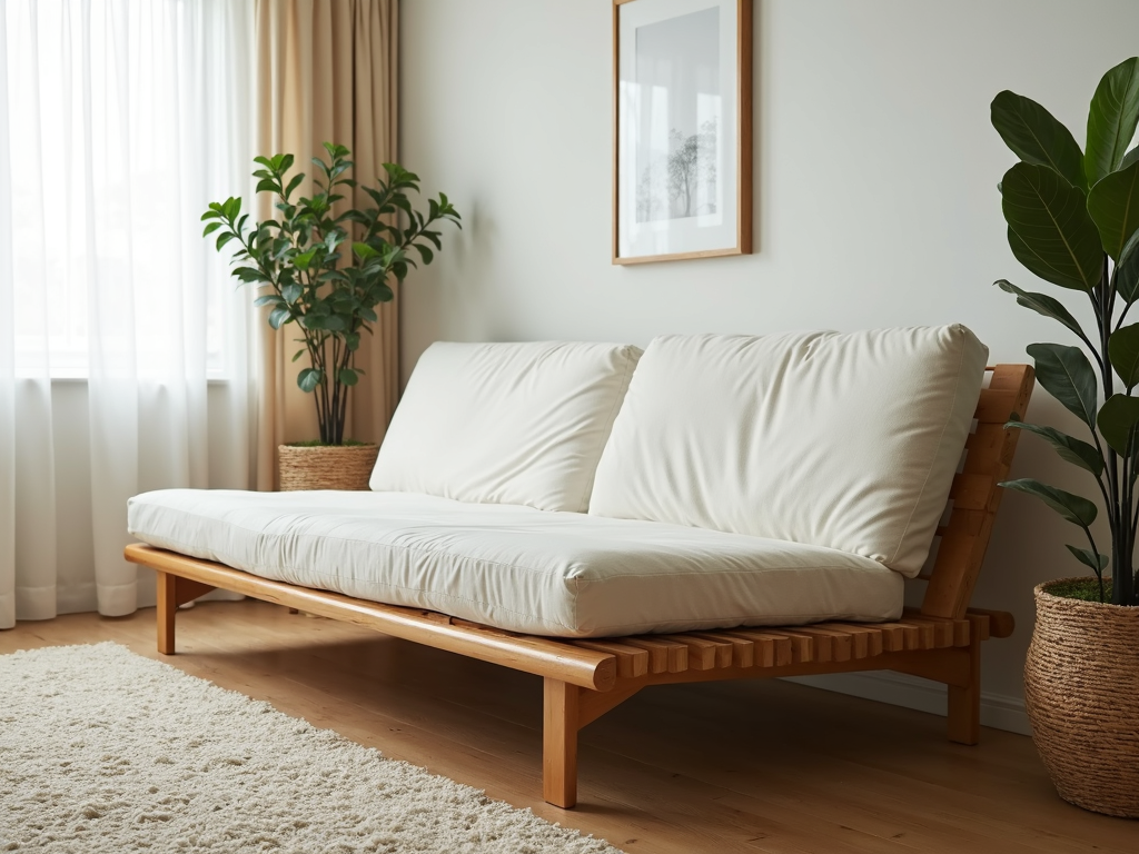 A clean and well-maintained futon in a living room.