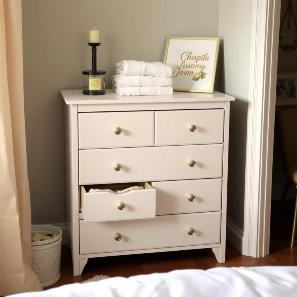 A minimalist six-drawer dresser in a cozy bedroom, with neatly folded clothes visible in an open drawer and decorative items on top.