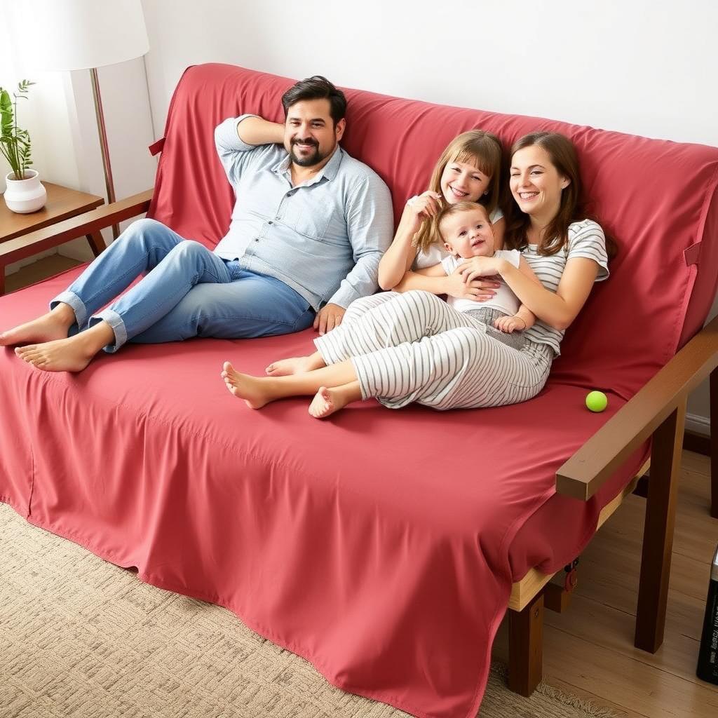 A family enjoying a movie night on a futon with a soft, plush cover, emphasizing comfort and coziness.