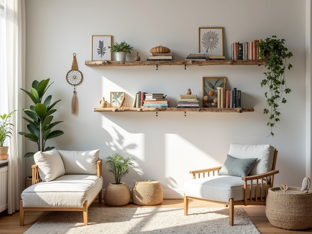Tree branch shelves in a bohemian living room