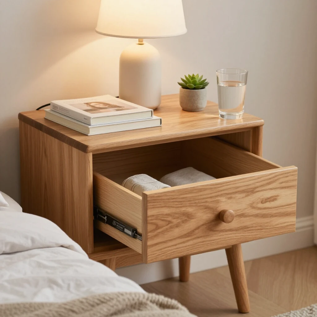 Minimalist wooden nightstand with practical storage and simple accessories