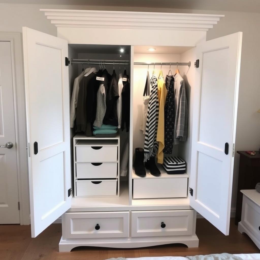 Organized white armoire with labeled bins and hooks in a minimalist tiny home bedroom.