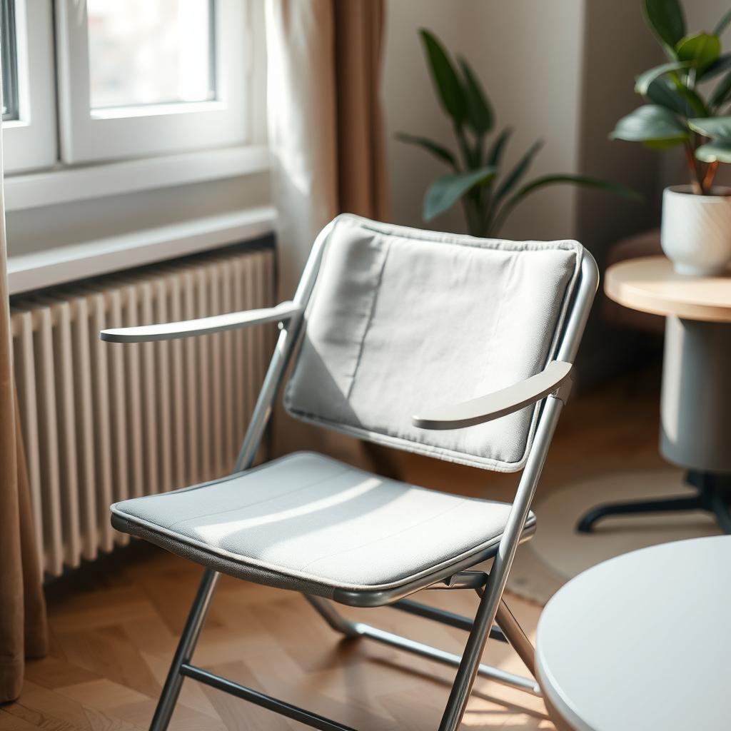 Modern foldable chair with a steel frame in a cozy apartment corner near a window.