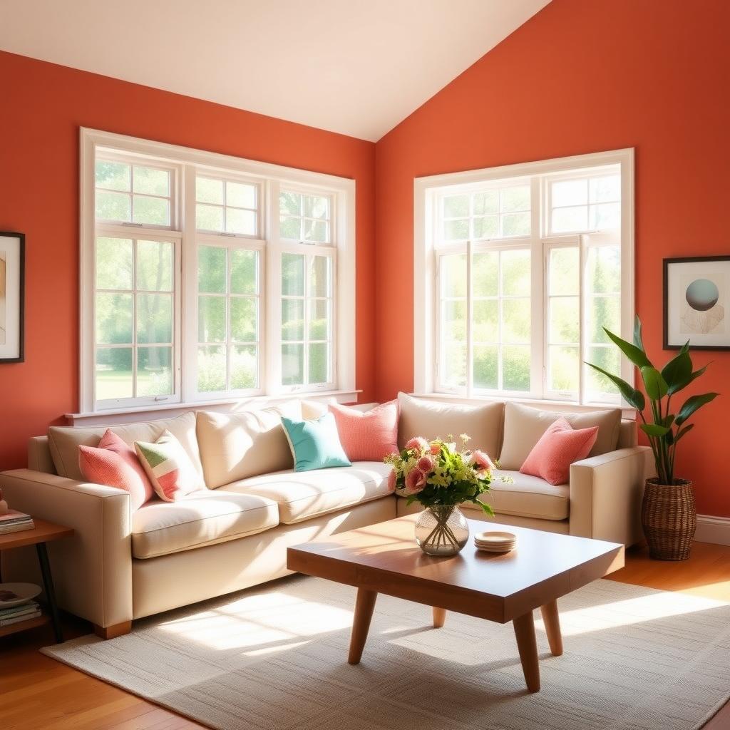Cozy living room with coral walls, beige sofa, and natural light