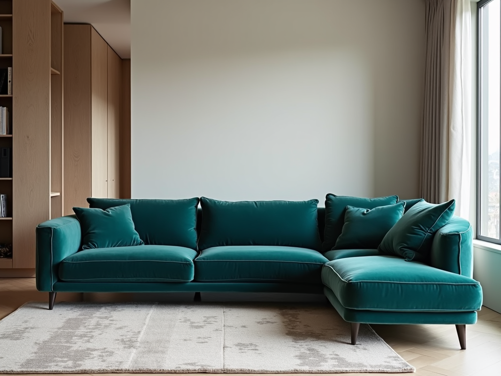 Modern living room with a unique curved teal sofa.