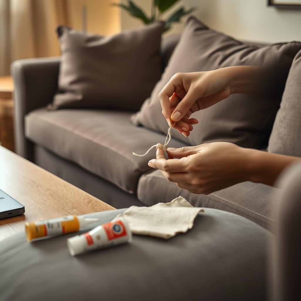 Hands stitching a tear in a gray sofa’s upholstery in a cozy living room, with repair tools on a coffee table.