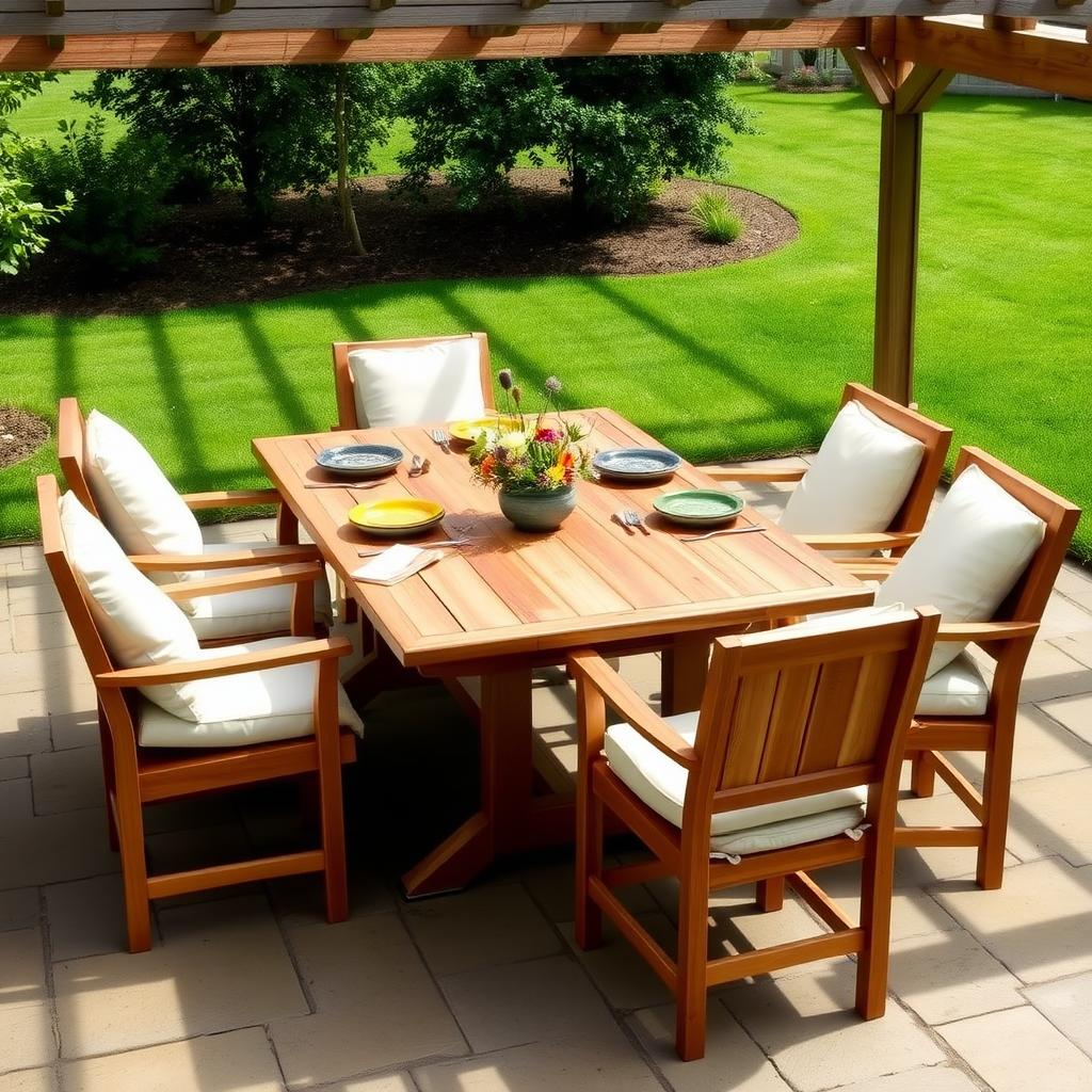 Reclaimed teak patio dining set with colorful table setting under a pergola