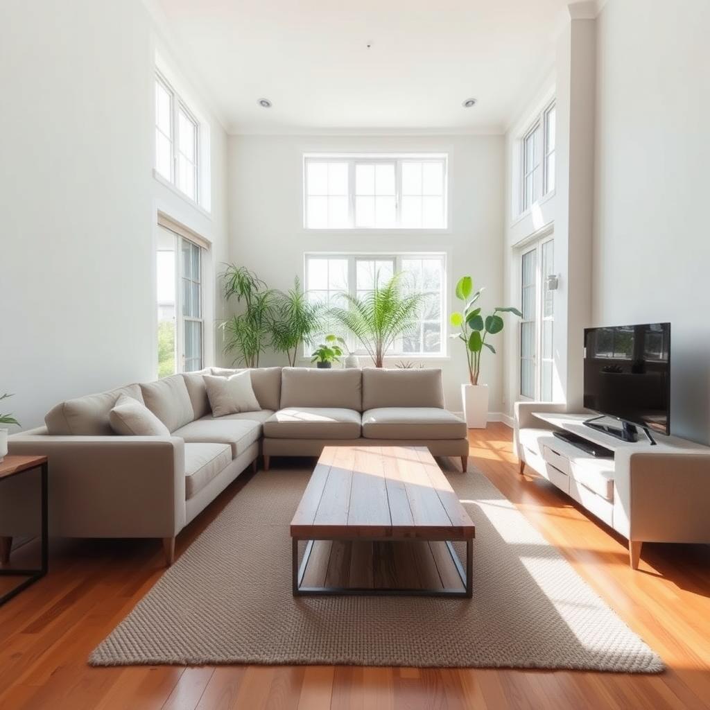 Cozy living room with a neutral sectional sofa and wooden coffee table, lit by natural light.