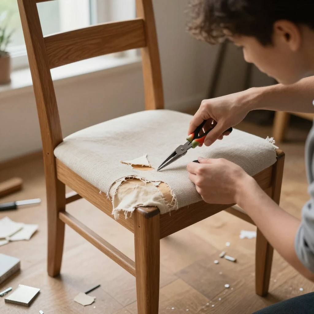 Beginner removing old fabric from a chair during upholstery