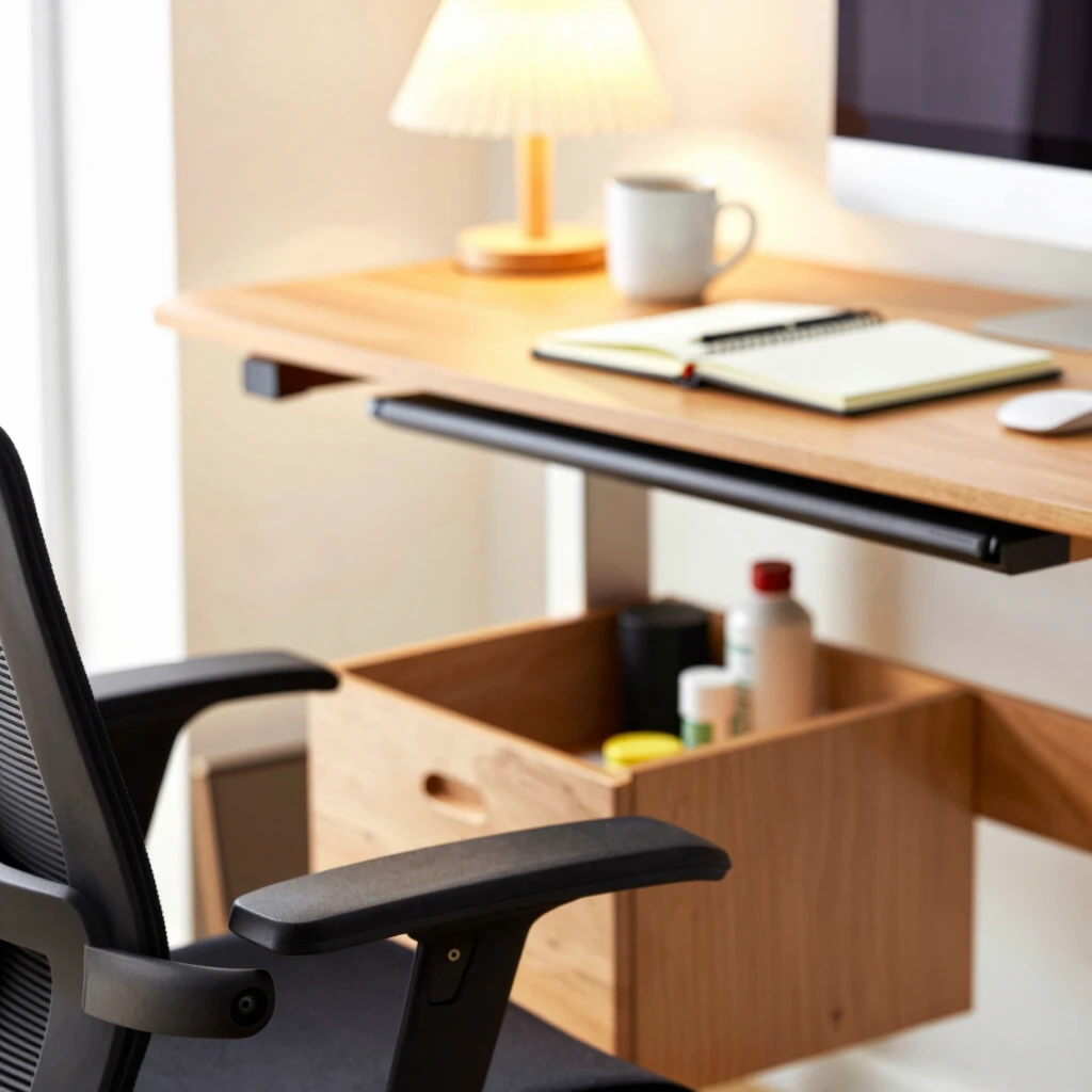 Ergonomic adjustable desk and chair in a compact workspace