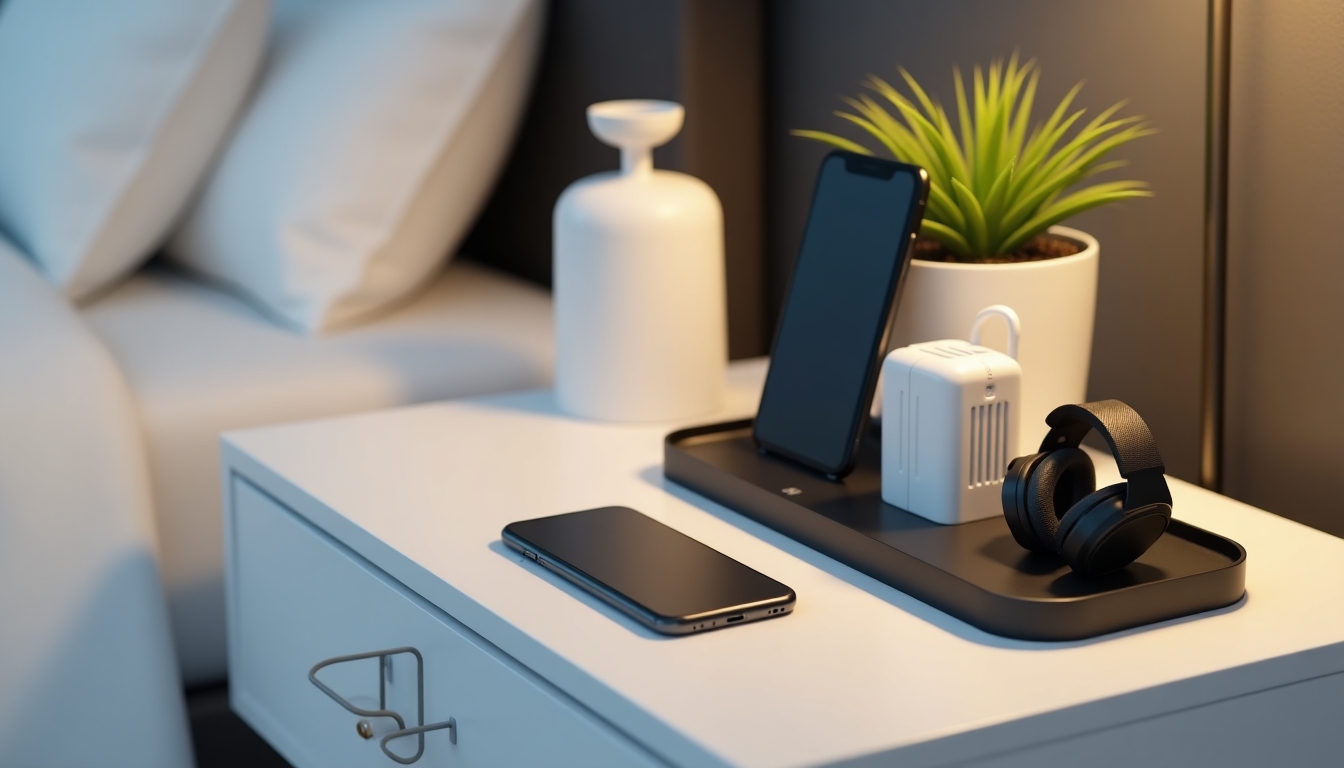 A nightstand designed with technology in mind, featuring gadgets neatly organized and minimalistic decoration elements.