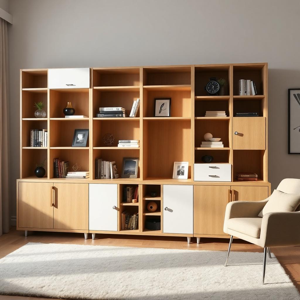 Modular oak and white bookshelf in a cozy living room with books, photos, and a speaker.