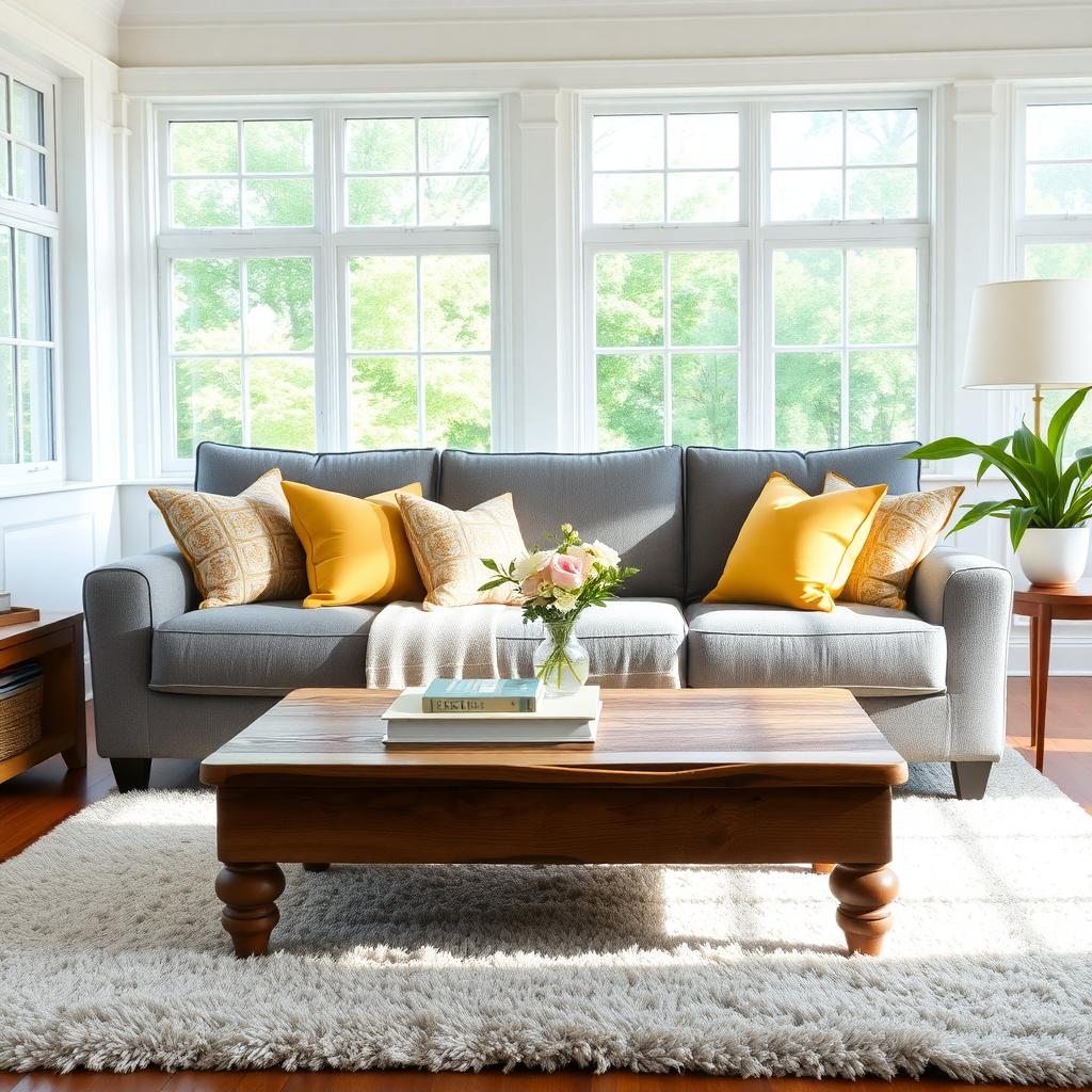 Bright living room with a gray sofa, wooden coffee table, and colorful accents.