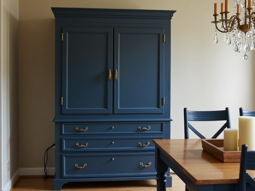 Navy blue armoire styled with candles in a dining room