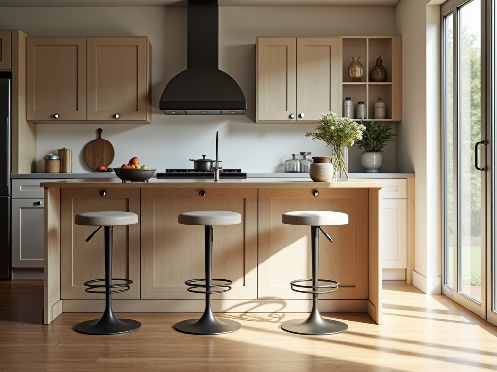 Modern bar stools at a sunlit kitchen island.