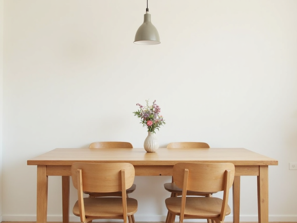 Minimalist dining room with sleek furniture and simple decor.