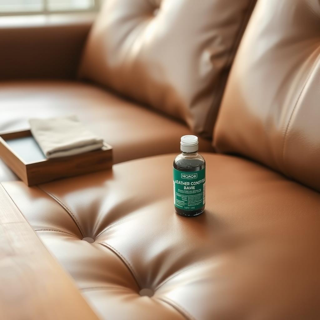 Close-up of a shiny leather sofa next to a table with leather conditioner and a cloth.