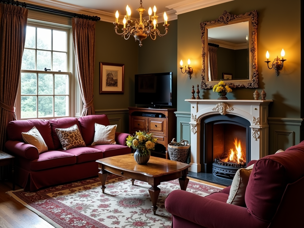Traditional living room with burgundy sofa and floral rug