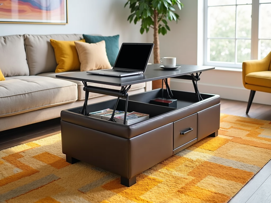 A living room with a lift-top coffee table and storage ottoman.