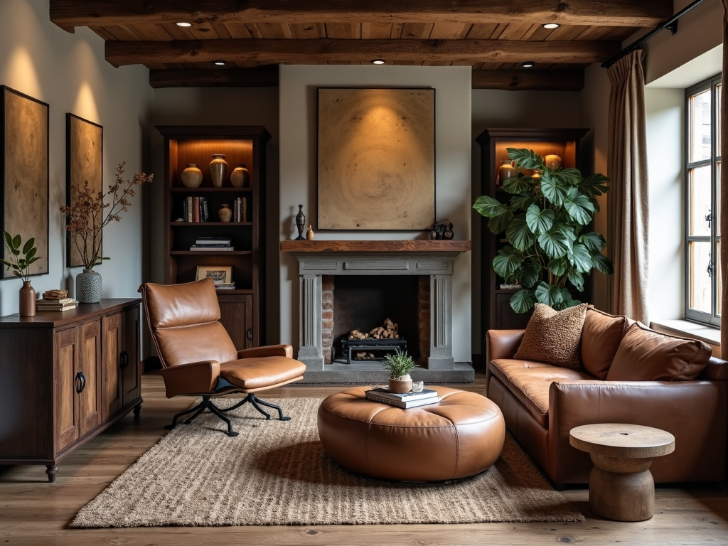 A cozy rustic living room showcasing a distressed leather armchair surrounded by wooden furniture and natural elements.