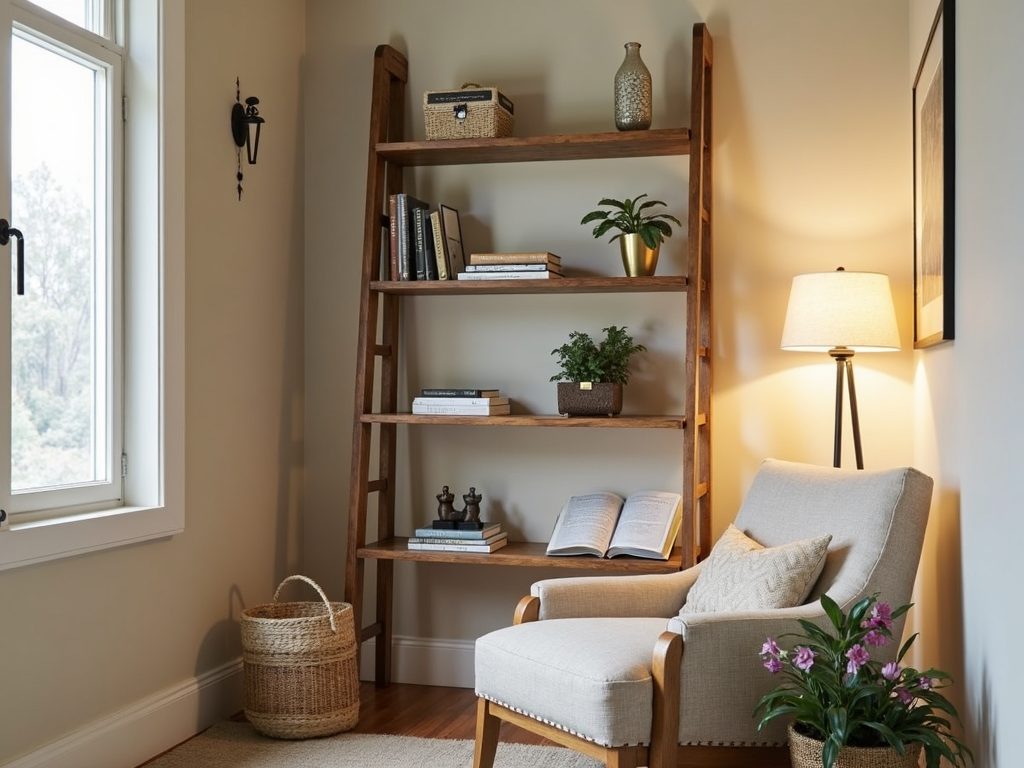 Ladder shelf in a cozy reading nook
