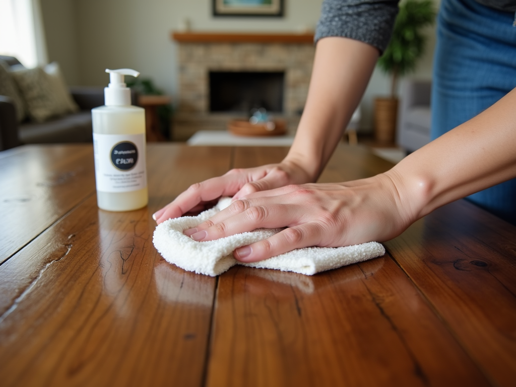 Applying furniture polish to a wooden table