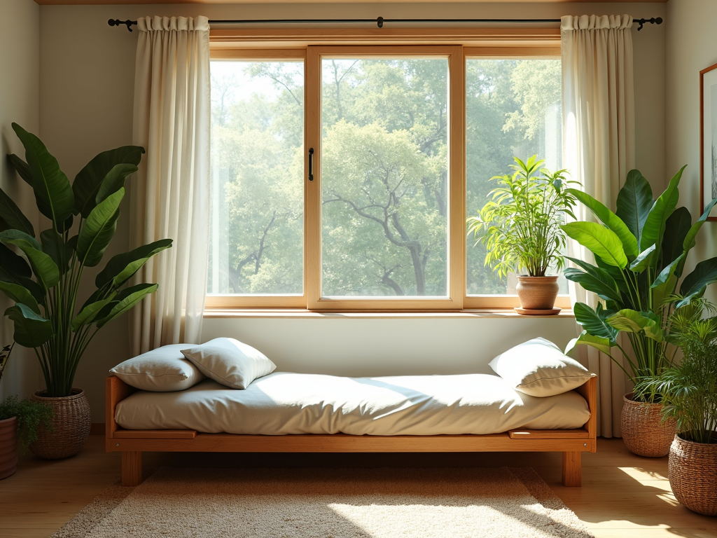 A bamboo futon in a plant-filled living room with natural light.