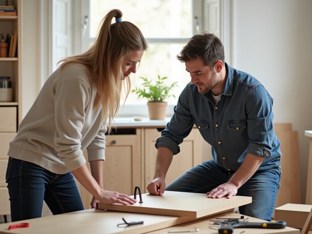 Person assisting another in assembling a cabinet, emphasizing teamwork.